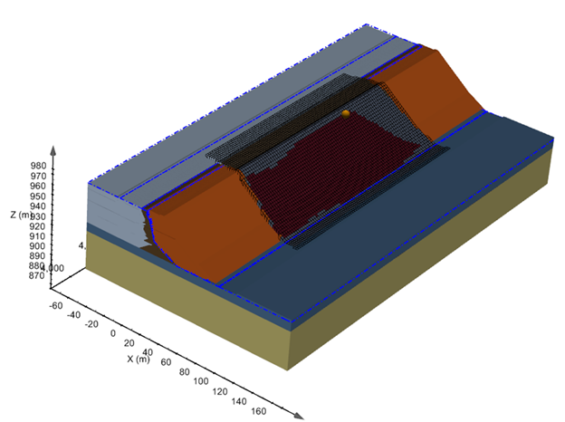 3D limit-equilibrium stability model of the Mt. Polley embankment and foundation.