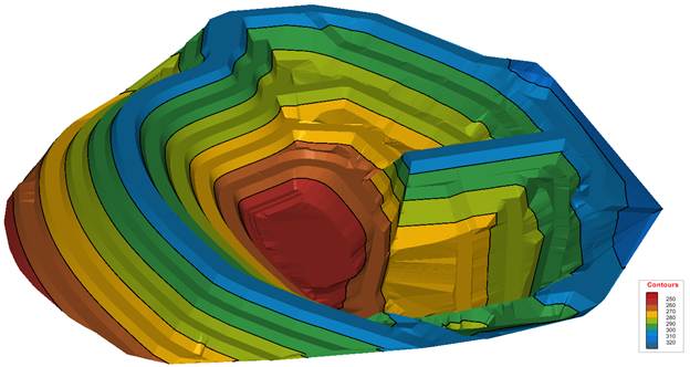 3D landform contour model of an oil-sand tailings deposit predicted by large-strain consolidation.